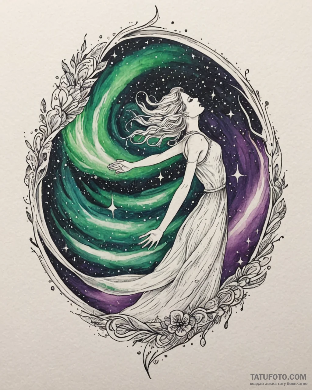Tat tattoo sketch, northern lights dancing in... - эскиз тату (№1753287156_0, 23.07.2025 16:12) — Tatufoto.com