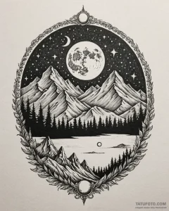 Tat tattoo sketch, full moon glowing over mou... - эскиз тату (№1753293018_0, 23.07.2025 17:50) — Tatufoto.com