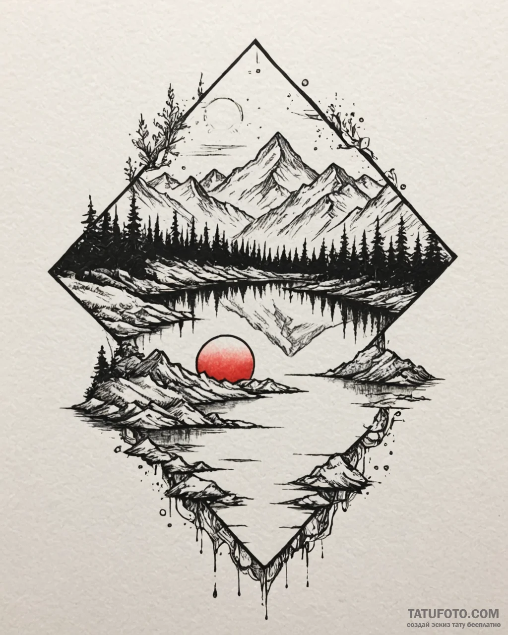 Tattoo sketch, thin line mountain range refle… — эскиз тату (№1753293271_0, 23.07.2025 17:54) — Tatufoto.com