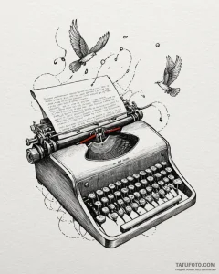 Tat tattoo sketch, typewriter with pages flyi... - эскиз тату (№1753293621_0, 23.07.2025 18:00) — Tatufoto.com