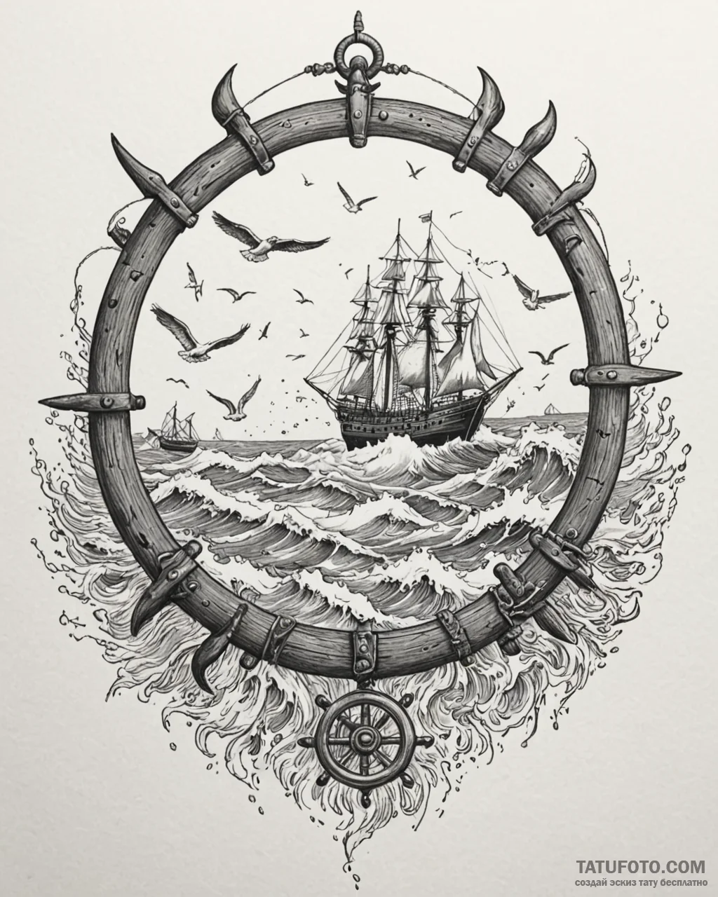 Tat tattoo sketch, sailor steering ship wheel... - эскиз тату (№1753293704_0, 23.07.2025 18:01) — Tatufoto.com