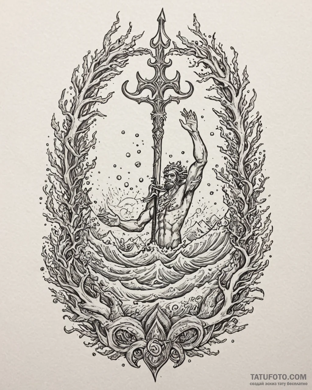 Tattoo sketch, poseidon rising from ocean wav... - эскиз тату (№1753294564_0, 23.07.2025 18:16) — Tatufoto.com