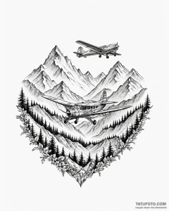 Tattoo sketch, vintage airplane flying over m... - эскиз тату (№1753296903_0, 23.07.2025 18:55) — Tatufoto.com