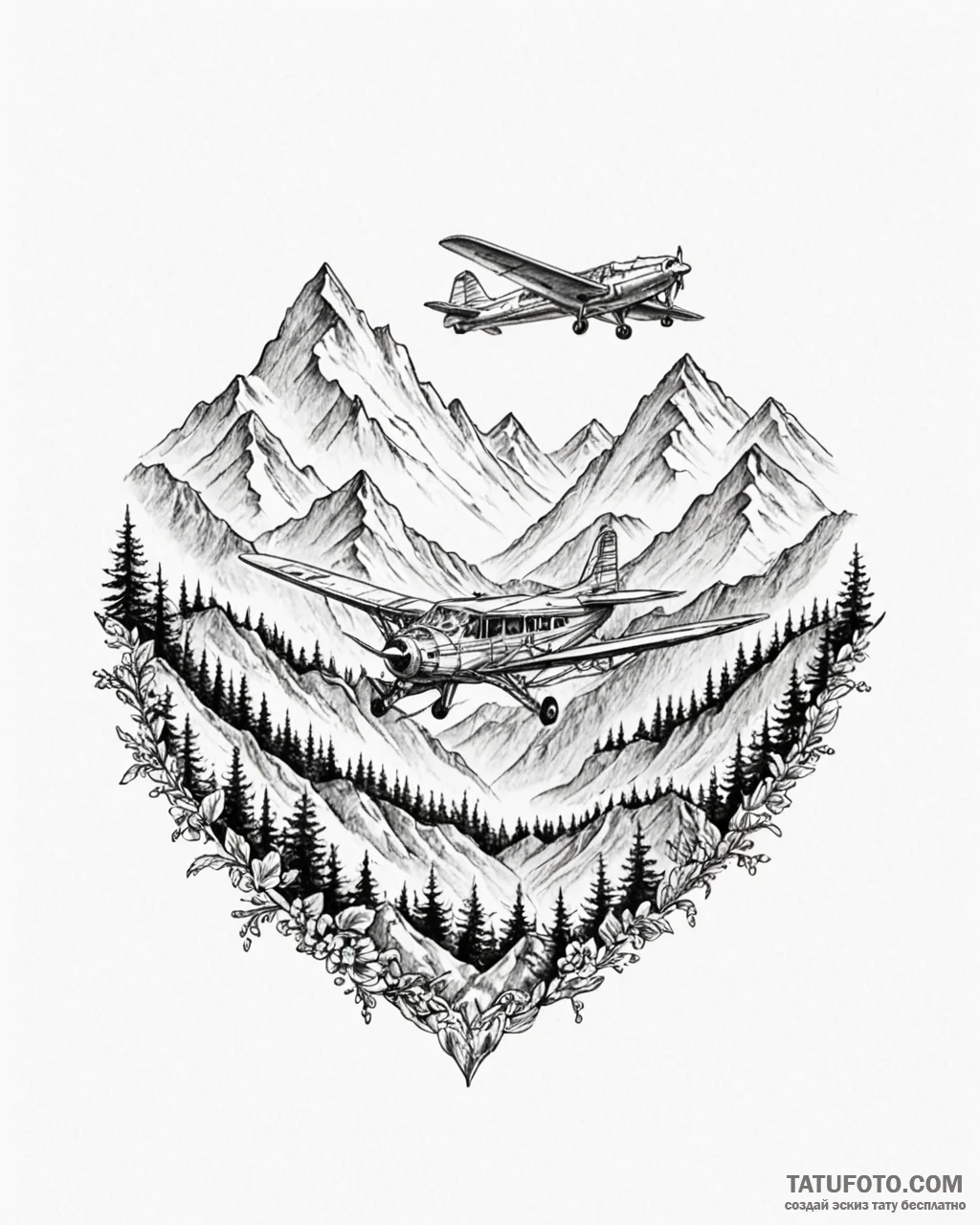 Tattoo sketch, vintage airplane flying over m… — эскиз тату (№1753296903_0, 23.07.2025 18:55) — Tatufoto.com
