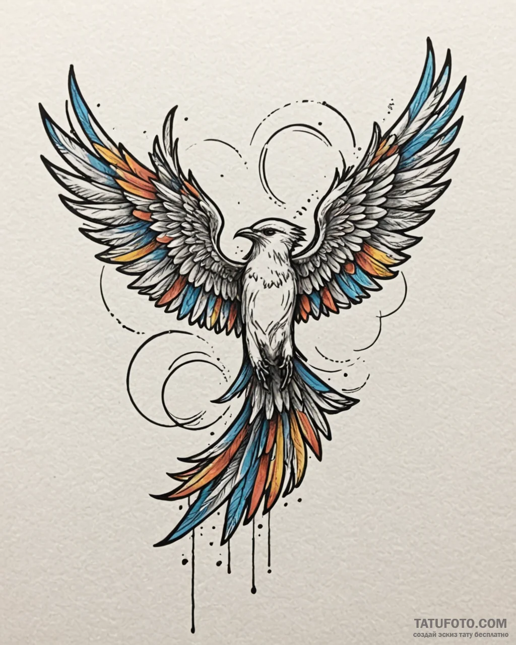 Tattoo sketch, bird with multi-colored wings… — эскиз тату (№1753298784_0, 23.07.2025 19:26) — Tatufoto.com