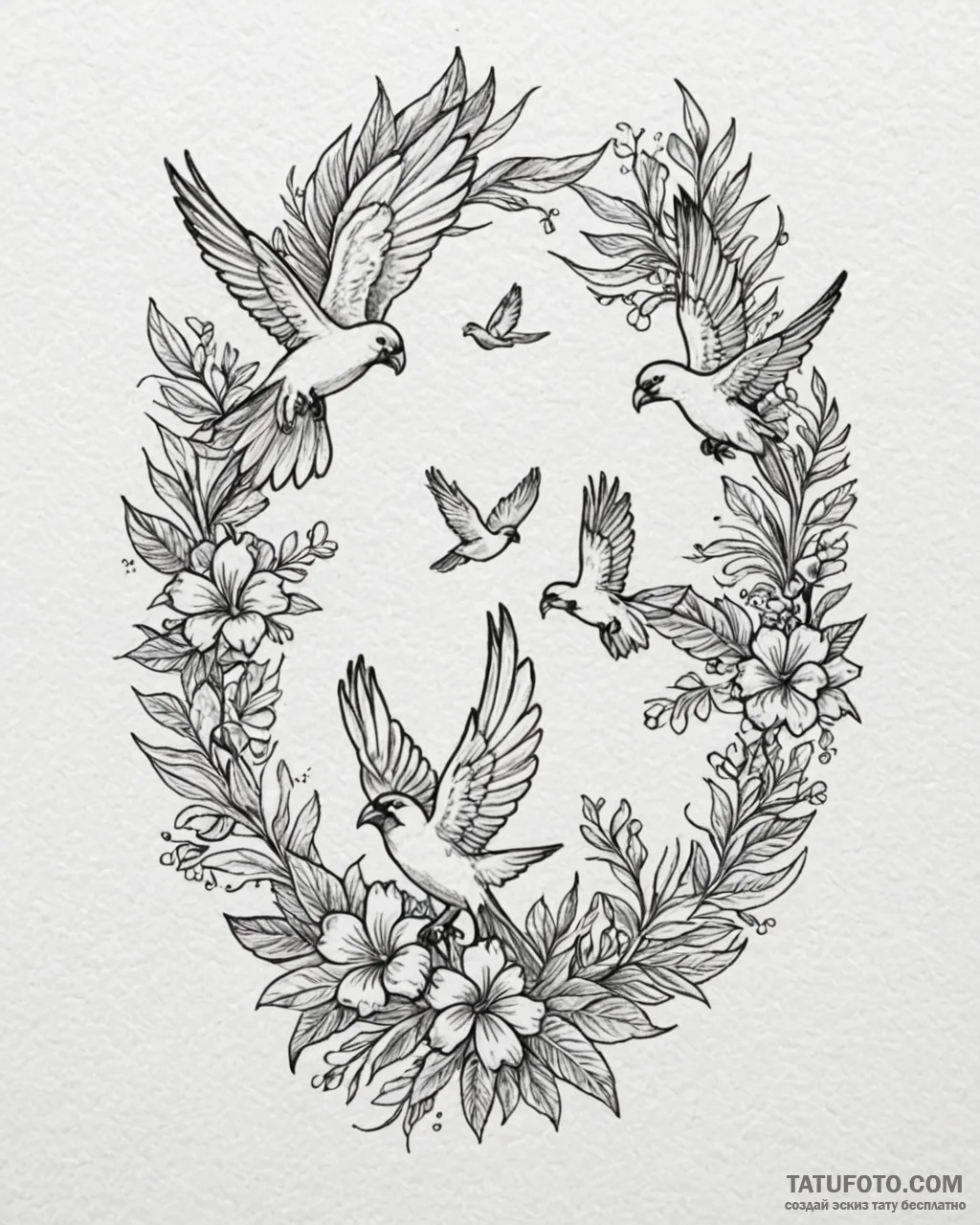 Tattoo sketch, lilo with tropical birds flyin… — эскиз тату (№1753299647_0, 23.07.2025 19:40) — Tatufoto.com