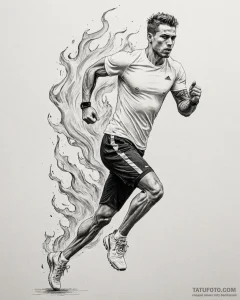 Tat tattoo sketch, athlete running through fl... - эскиз тату (№1753300158_0, 23.07.2025 19:49) — Tatufoto.com