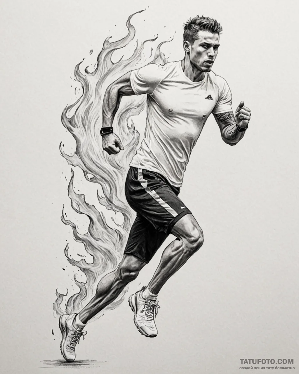 Tat tattoo sketch, athlete running through fl… — эскиз тату (№1753300158_0, 23.07.2025 19:49) — Tatufoto.com