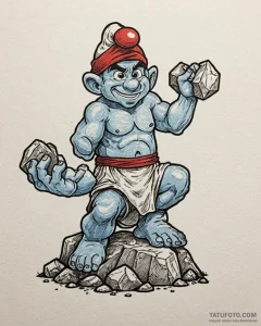 Tattoo sketch, hefty smurf lifting giant rock... - эскиз тату (№1753300507_0, 23.07.2025 19:55) — Tatufoto.com