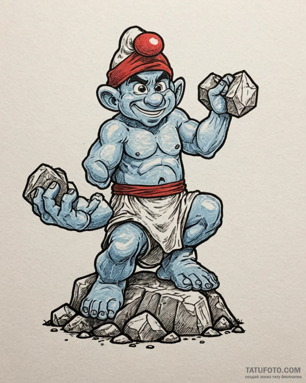 Tattoo sketch, hefty smurf lifting giant rock… — эскиз тату (№1753300507_0, 23.07.2025 19:55) — Tatufoto.com