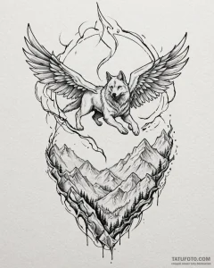 Tattoo sketch, winged wolf soaring above moun... - эскиз тату (№1753300598_0, 23.07.2025 19:56) — Tatufoto.com