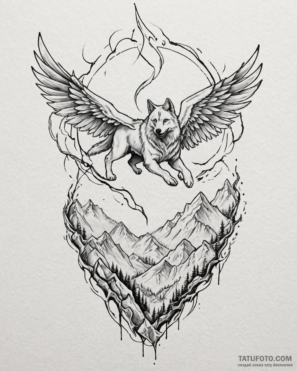 Tattoo sketch, winged wolf soaring above moun... - эскиз тату (№1753300598_0, 23.07.2025 19:56) — Tatufoto.com