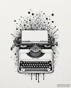 Tat tattoo sketch, typewriter with ink splatt... - эскиз тату (№1753300685_0, 23.07.2025 19:58) — Tatufoto.com