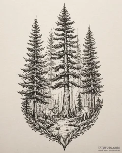 Tat tattoo sketch, ancient forest with toweri... - эскиз тату (№1753302822_0, 23.07.2025 20:33) — Tatufoto.com