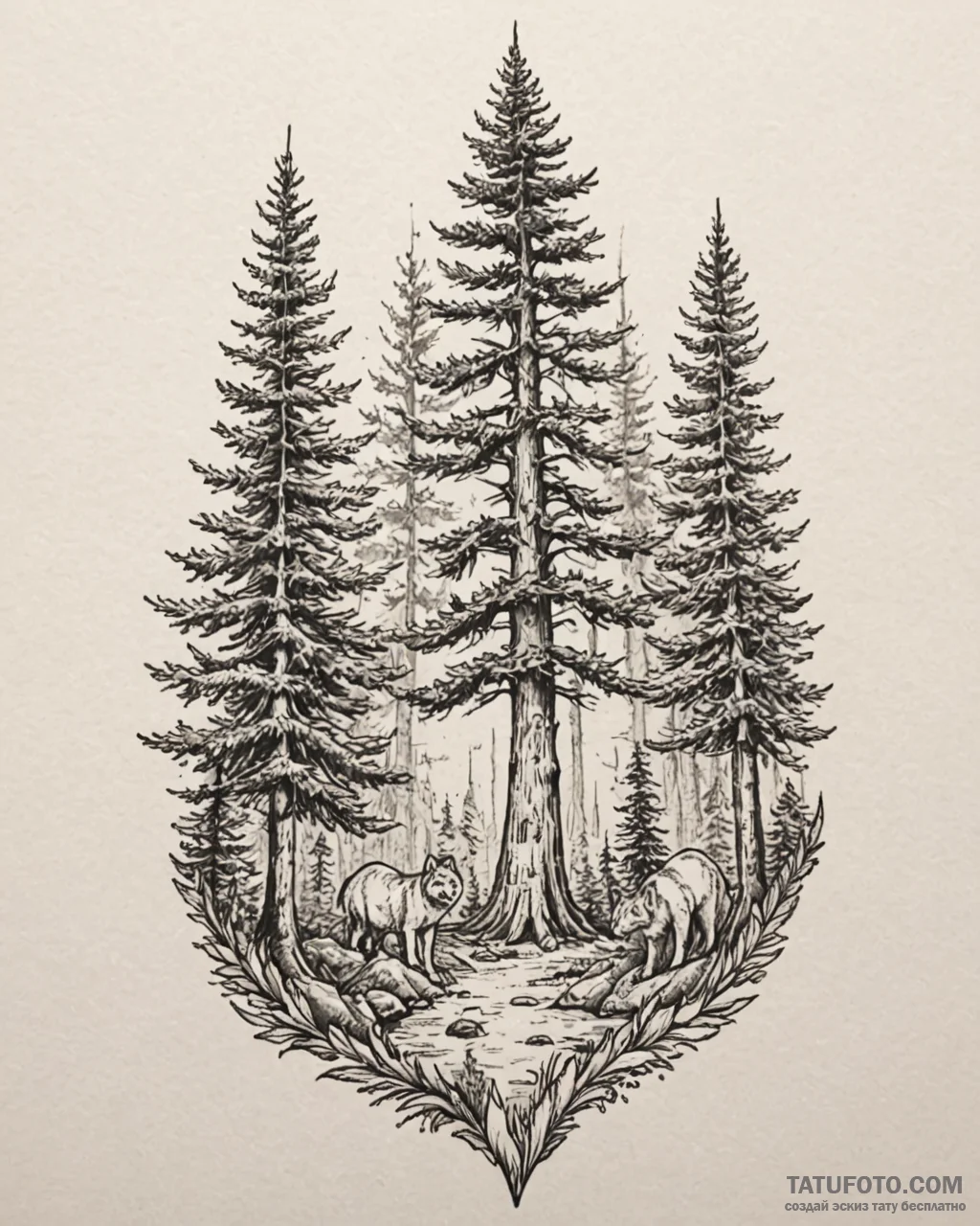 Tat tattoo sketch, ancient forest with toweri... - эскиз тату (№1753302822_0, 23.07.2025 20:33) — Tatufoto.com