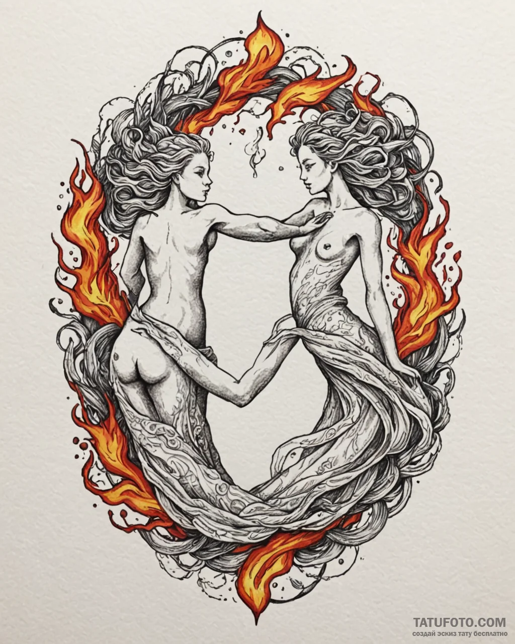 Tat tattoo sketch, water and fire elemental f... - эскиз тату (№1753359098_0, 24.07.2025 12:11) — Tatufoto.com