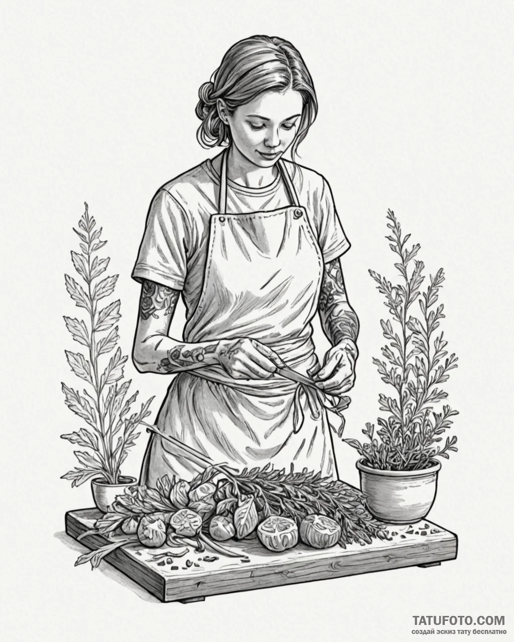 Tat tattoo sketch, rustic cook chopping fresh... - эскиз тату (№1753359243_0, 24.07.2025 12:14) — Tatufoto.com