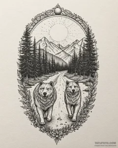 Tattoo sketch, kenai and koda walking into su... - эскиз тату (№1753359534_0, 24.07.2025 12:18) — Tatufoto.com