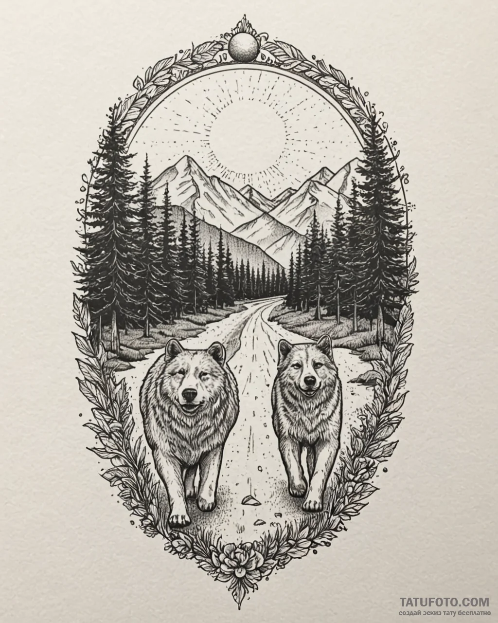 Tattoo sketch, kenai and koda walking into su... - эскиз тату (№1753359534_0, 24.07.2025 12:18) — Tatufoto.com