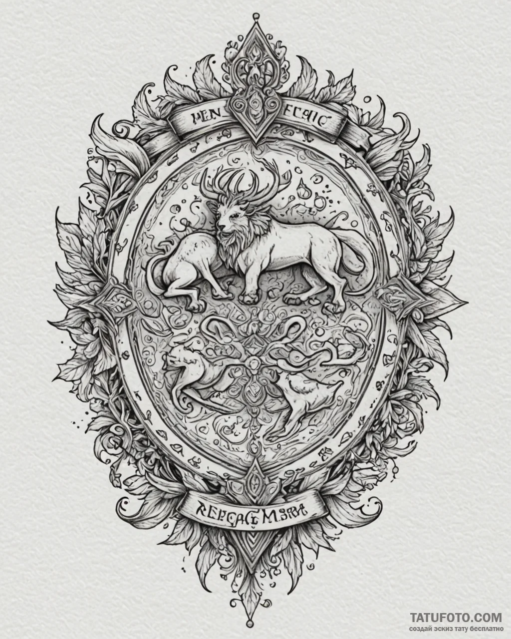 Tat tattoo sketch, ornate medieval crest feat... - эскиз тату (№1753360265_0, 24.07.2025 12:31) — Tatufoto.com