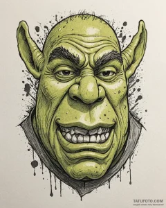 Eskizto, tattoo sketch, shrek face close-up,... - эскиз тату (№1753360411_0, 24.07.2025 12:33) — Tatufoto.com