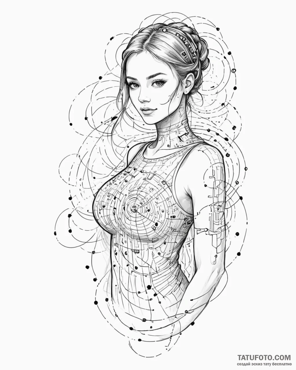 Tat tattoo sketch, female coder with glowing... - эскиз тату (№1753360707_0, 24.07.2025 12:38) — Tatufoto.com