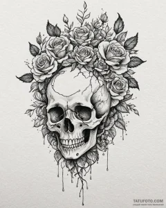 Tattoo sketch, human skull with blooming rose... - эскиз тату (№1753363329_0, 24.07.2025 13:22) — Tatufoto.com