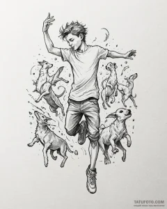 Tat tattoo sketch, the boy dancing with anima... - эскиз тату (№1753363621_0, 24.07.2025 13:27) — Tatufoto.com