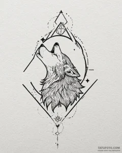 Tattoo sketch, wolf howling beneath star-fill... - эскиз тату (№1753363768_0, 24.07.2025 13:29) — Tatufoto.com