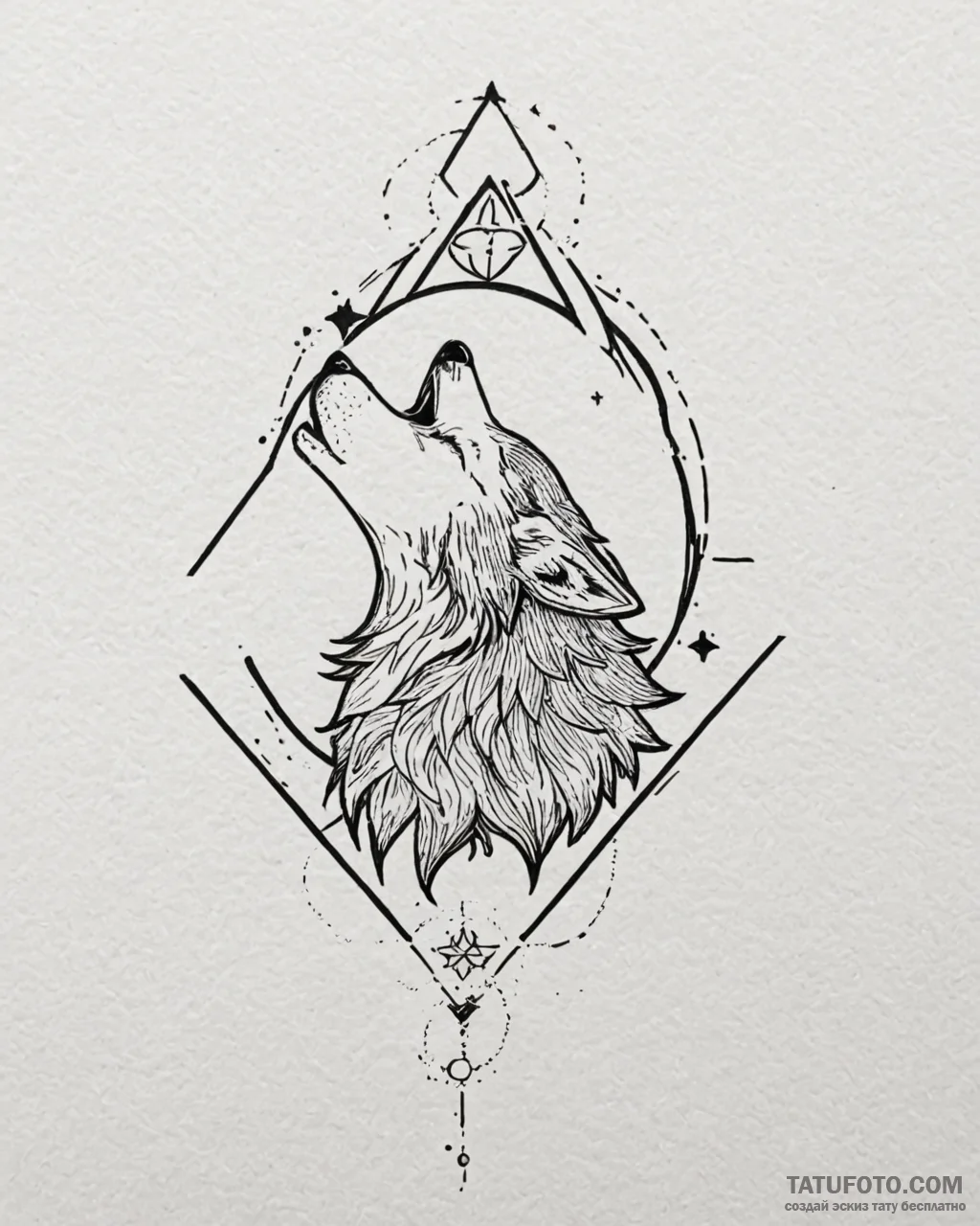 Tattoo sketch, wolf howling beneath star-fill... - эскиз тату (№1753363768_0, 24.07.2025 13:29) — Tatufoto.com
