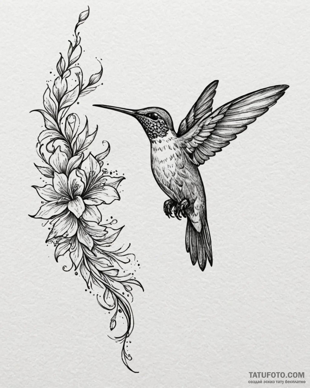Tat tattoo sketch, hummingbird hovering near... - эскиз тату (№1753364945_0, 24.07.2025 13:49) — Tatufoto.com