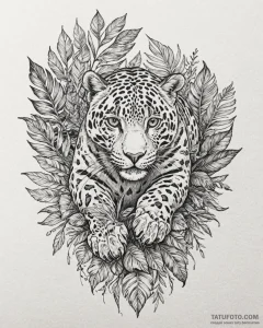 Tattoo sketch, jaguar paw prints with jungle... - эскиз тату (№1753365975_0, 24.07.2025 14:06) — Tatufoto.com