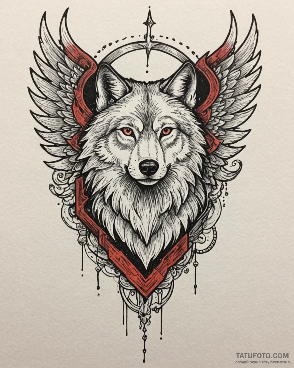Tattoo sketch, wolf with wings soaring over m... - эскиз тату (№1753368605_0, 24.07.2025 14:50) — Tatufoto.com