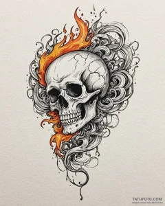 Tattoo sketch, skull engulfed in swirling fla... - эскиз тату (№1753369333_0, 24.07.2025 15:02) — Tatufoto.com