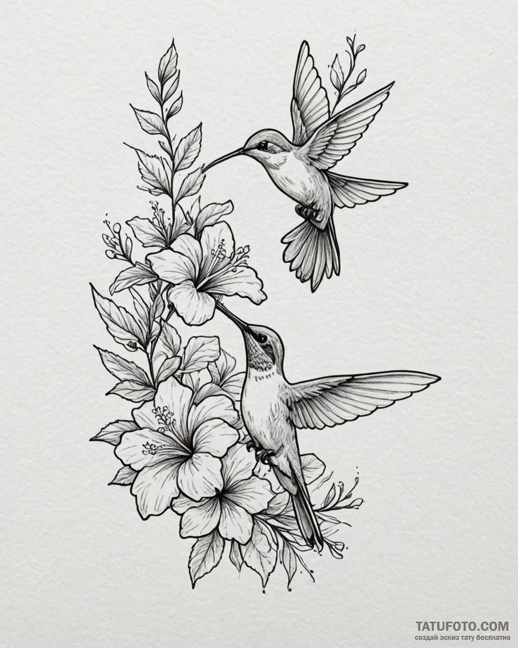 Tattoo sketch, delicate colibri bird feeding... - эскиз тату (№1753370353_0, 24.07.2025 15:19) — Tatufoto.com