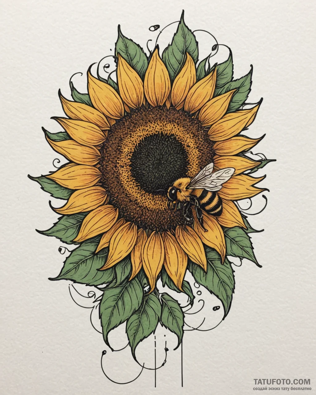 Tat tattoo sketch, lively honeybee collecting... - эскиз тату (№1753375189_0, 24.07.2025 16:39) — Tatufoto.com