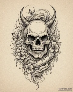 Tat tattoo sketch, skull with delicate butter... - эскиз тату (№1753378720_0, 24.07.2025 17:38) — Tatufoto.com