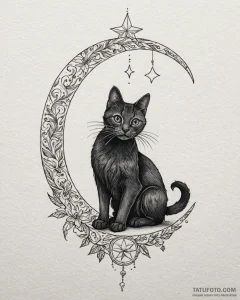Tattoo sketch, black cat with crescent moon a... - эскиз тату (№1753379134_0, 24.07.2025 17:45) — Tatufoto.com