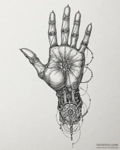Tattoo sketch, futuristic robot hand reaching... - эскиз тату (№1753380584_0, 24.07.2025 18:09) — Tatufoto.com