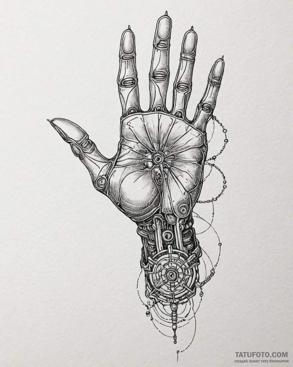 Tattoo sketch, futuristic robot hand reaching... - эскиз тату (№1753380584_0, 24.07.2025 18:09) — Tatufoto.com