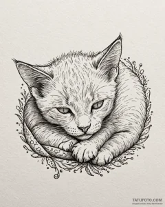 Tat tattoo sketch, playful kitten curled in s... - эскиз тату (№1753382450_0, 24.07.2025 18:40) — Tatufoto.com