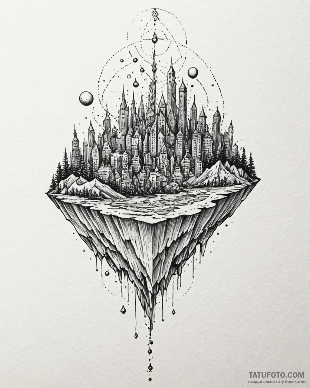 Tattoo sketch, dreamscape with floating citie... - эскиз тату (№1753384527_0, 24.07.2025 19:15) — Tatufoto.com