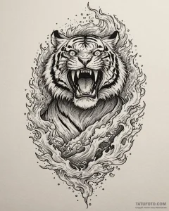 Tattoo sketch, tiger roaring with flames burs... - эскиз тату (№1753385562_0, 24.07.2025 19:32) — Tatufoto.com