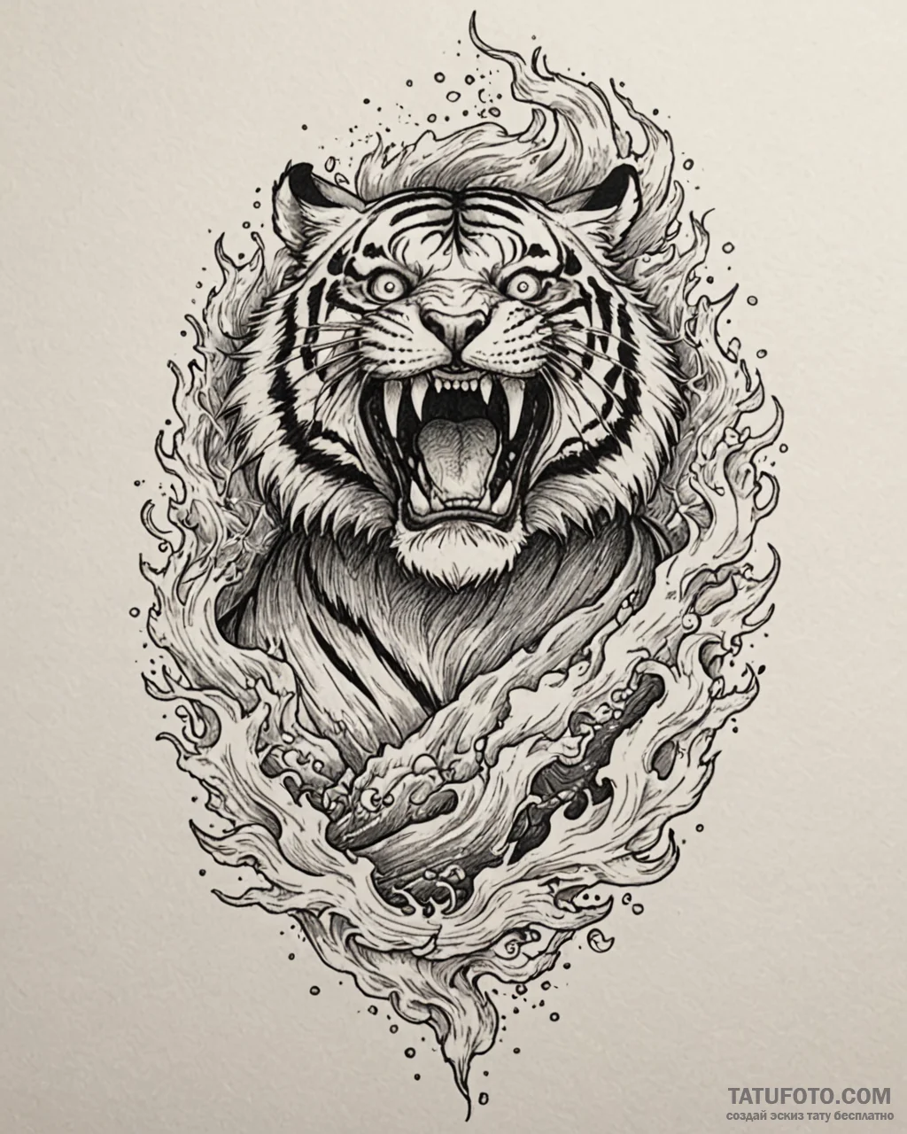 Tattoo sketch, tiger roaring with flames burs... - эскиз тату (№1753385562_0, 24.07.2025 19:32) — Tatufoto.com