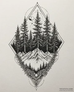 Tat tattoo sketch, dense forest with towering... - эскиз тату (№1753386391_0, 24.07.2025 19:46) — Tatufoto.com