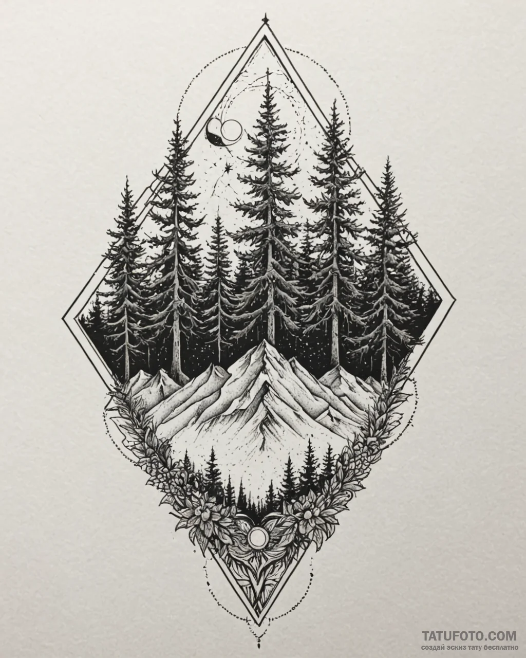Tat tattoo sketch, dense forest with towering... - эскиз тату (№1753386391_0, 24.07.2025 19:46) — Tatufoto.com
