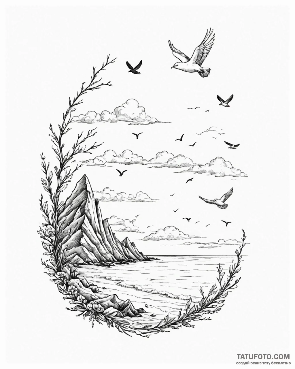 море и небо с птицами - эскиз тату (№1753386598_0, 24.07.2025 19:49) — Tatufoto.com