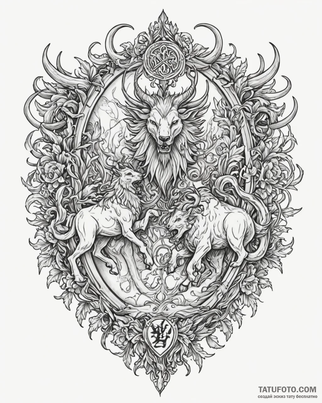 Tat tattoo sketch, ornate medieval crest feat... - эскиз тату (№1753389091_0, 24.07.2025 20:31) — Tatufoto.com