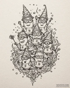 Tattoo sketch, minions with party hats and co... - эскиз тату (№1753389915_0, 24.07.2025 20:45) — Tatufoto.com