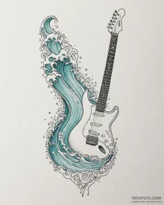 Tat tattoo sketch, electric guitar with ocean... - эскиз тату (№1753390746_0, 24.07.2025 20:59) — Tatufoto.com